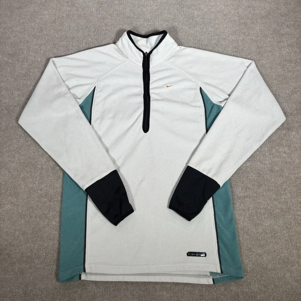 Vintage Nike‎ 1/4 Zip Pullover Womens M White Teal Fleece NikeFit Athletic 90s
